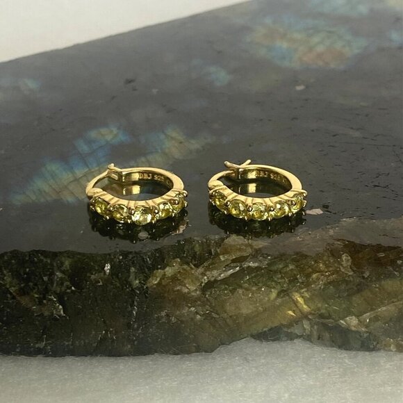 Gold Vermeil Sterling Silver 925 Round Peridot Small Huggie Hoop Earrings - Picture 3 of 16